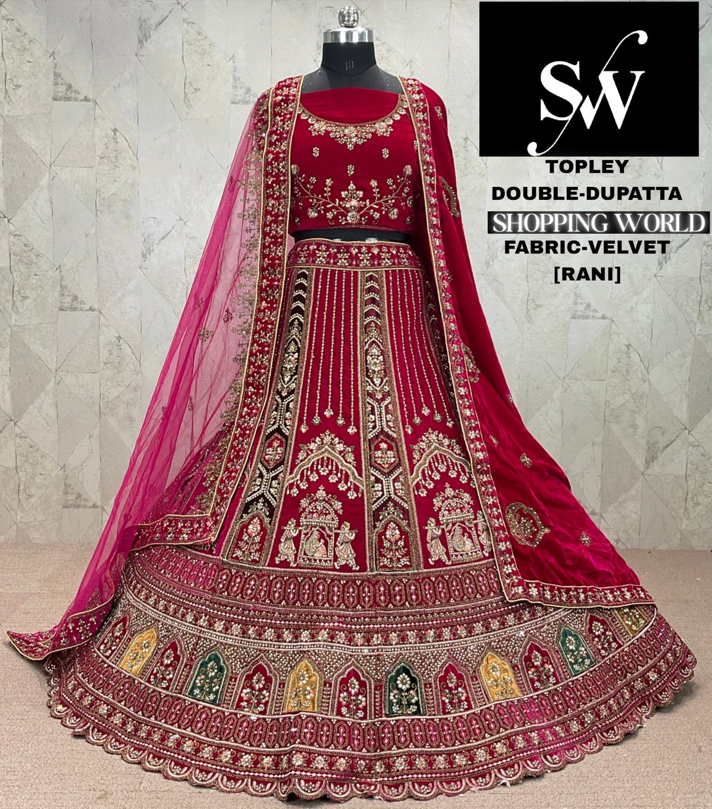 Stunning Rani pink Double dupatta Velvet bridal Lehenga