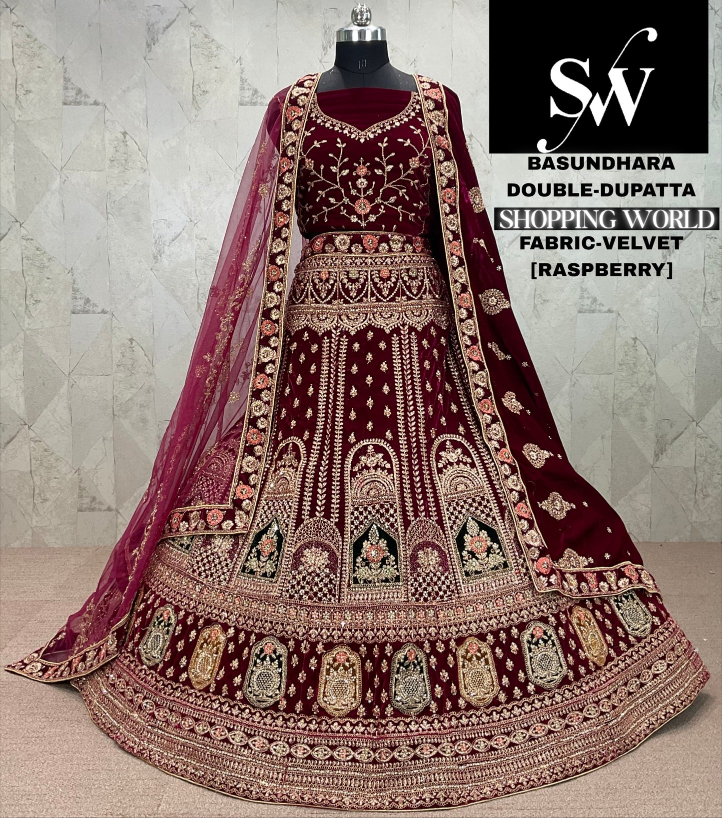 Lovely Raspberry maroon Double dupatta Velvet bridal Lehenga