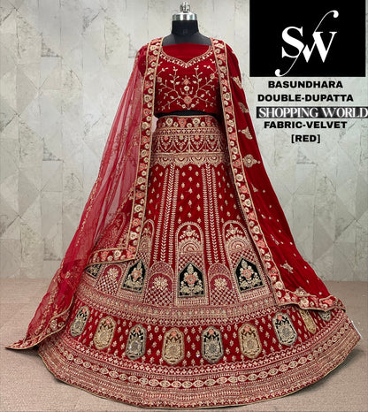 Lovely Raspberry maroon Double dupatta Velvet bridal Lehenga
