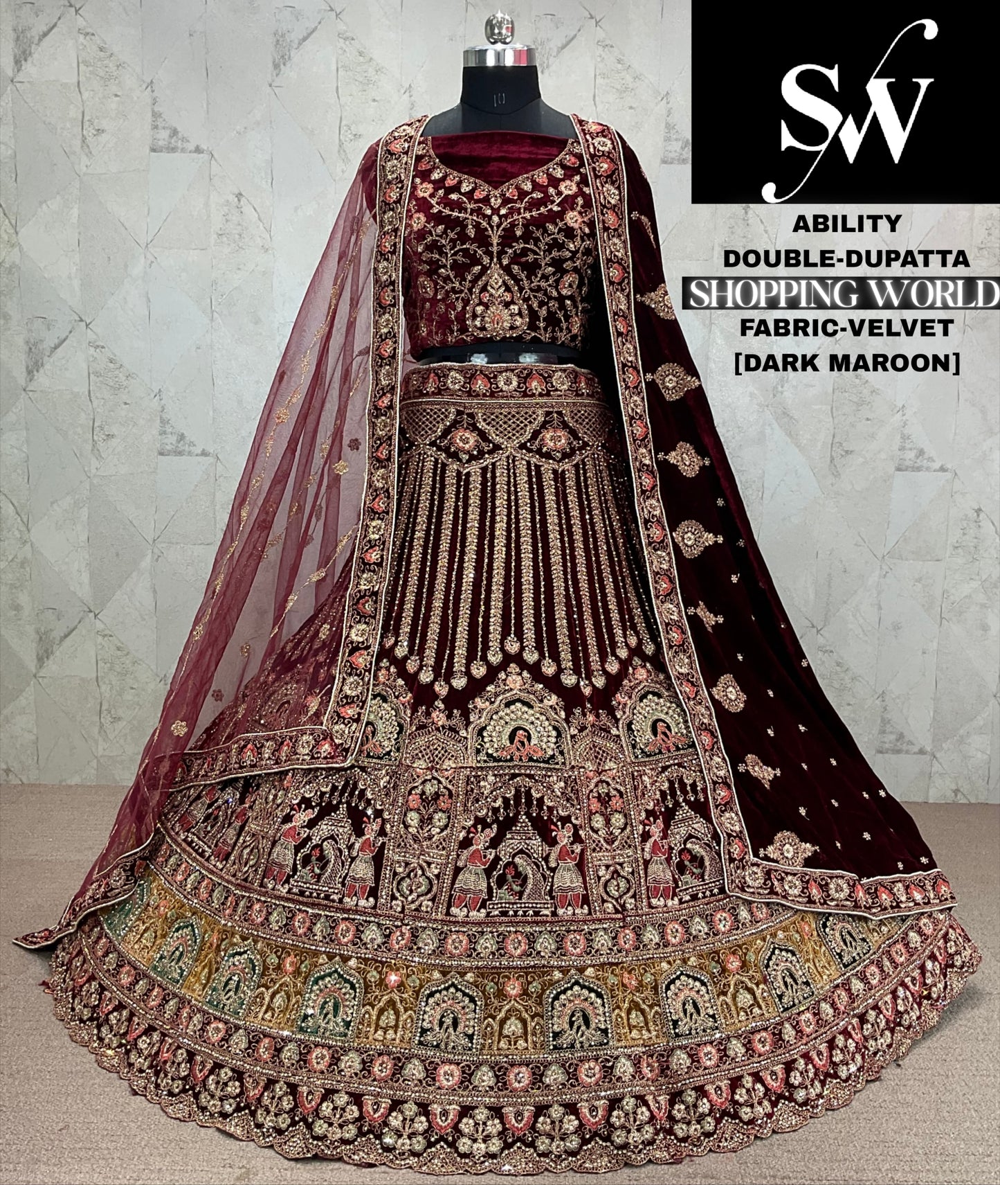 Beautiful Raspberry maroon Double dupatta Velvet bridal Lehenga