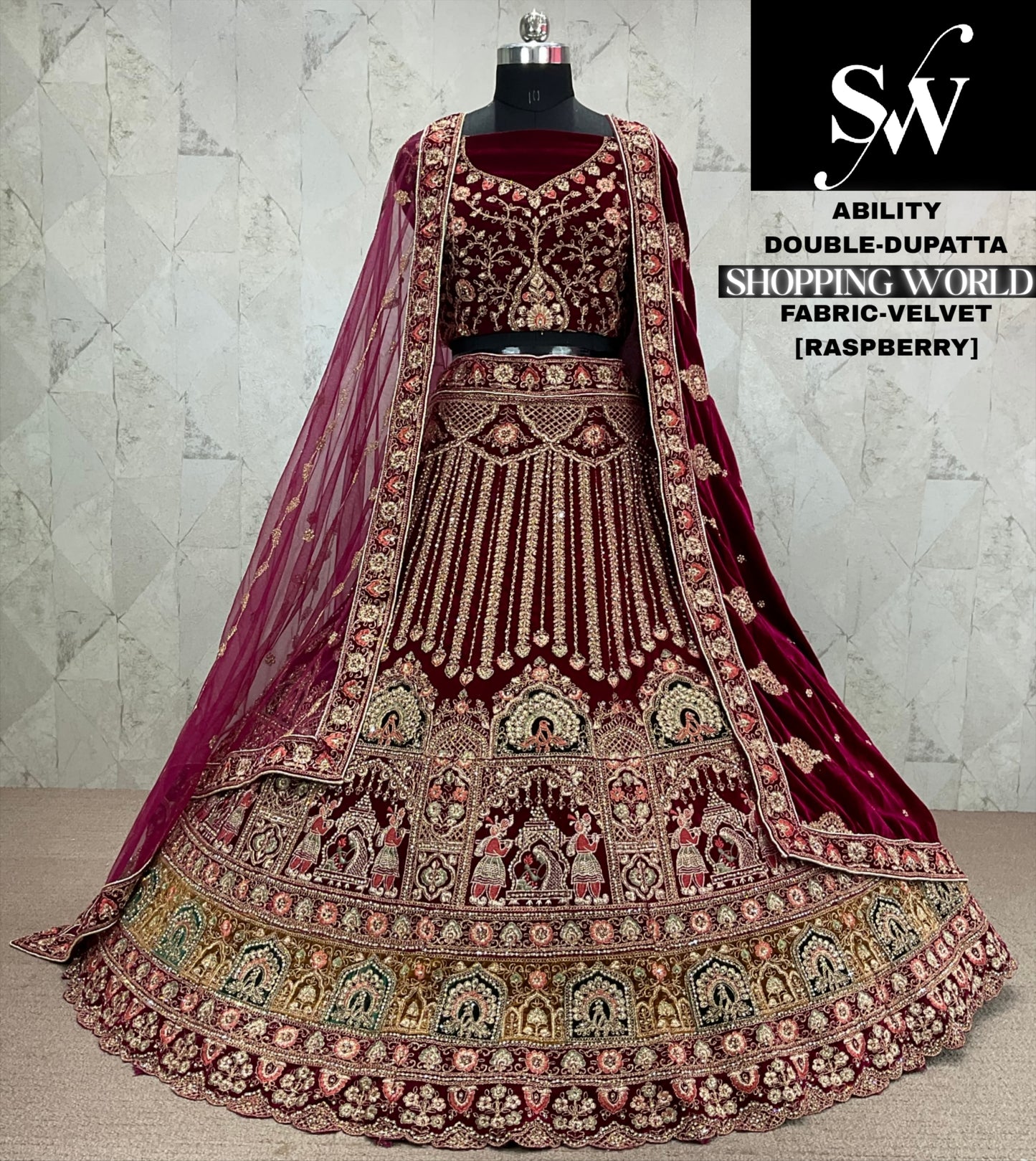 Beautiful Raspberry maroon Double dupatta Velvet bridal Lehenga