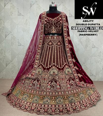 Beautiful Raspberry maroon Double dupatta Velvet bridal Lehenga