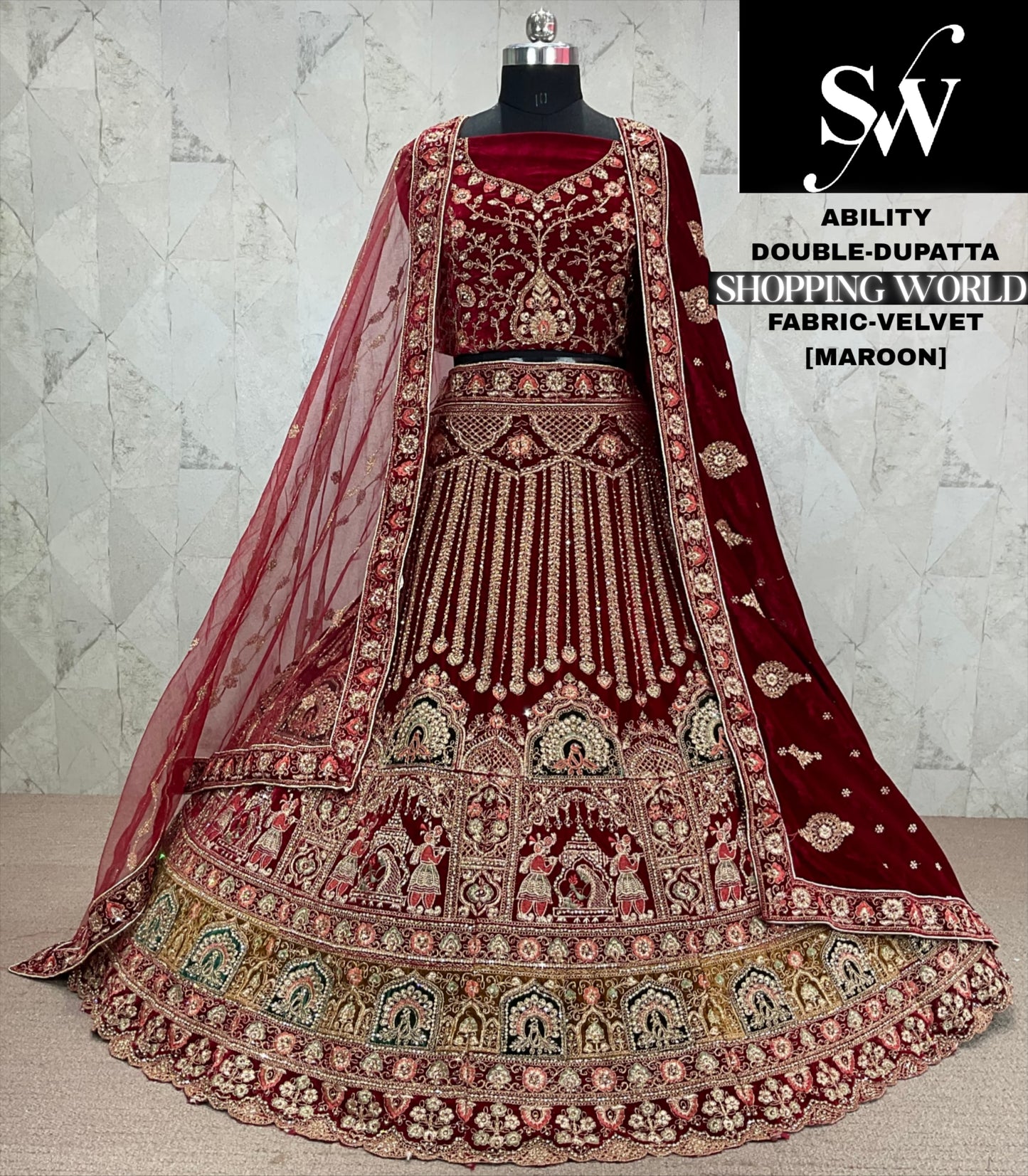 Beautiful Raspberry maroon Double dupatta Velvet bridal Lehenga