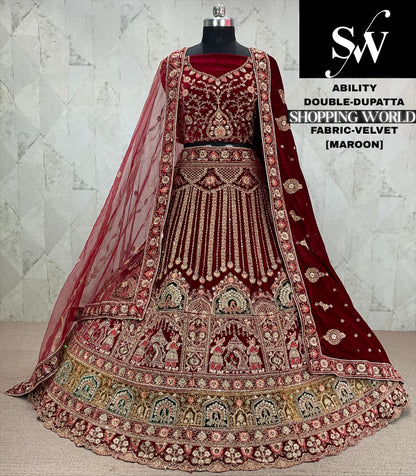 Beautiful Raspberry maroon Double dupatta Velvet bridal Lehenga