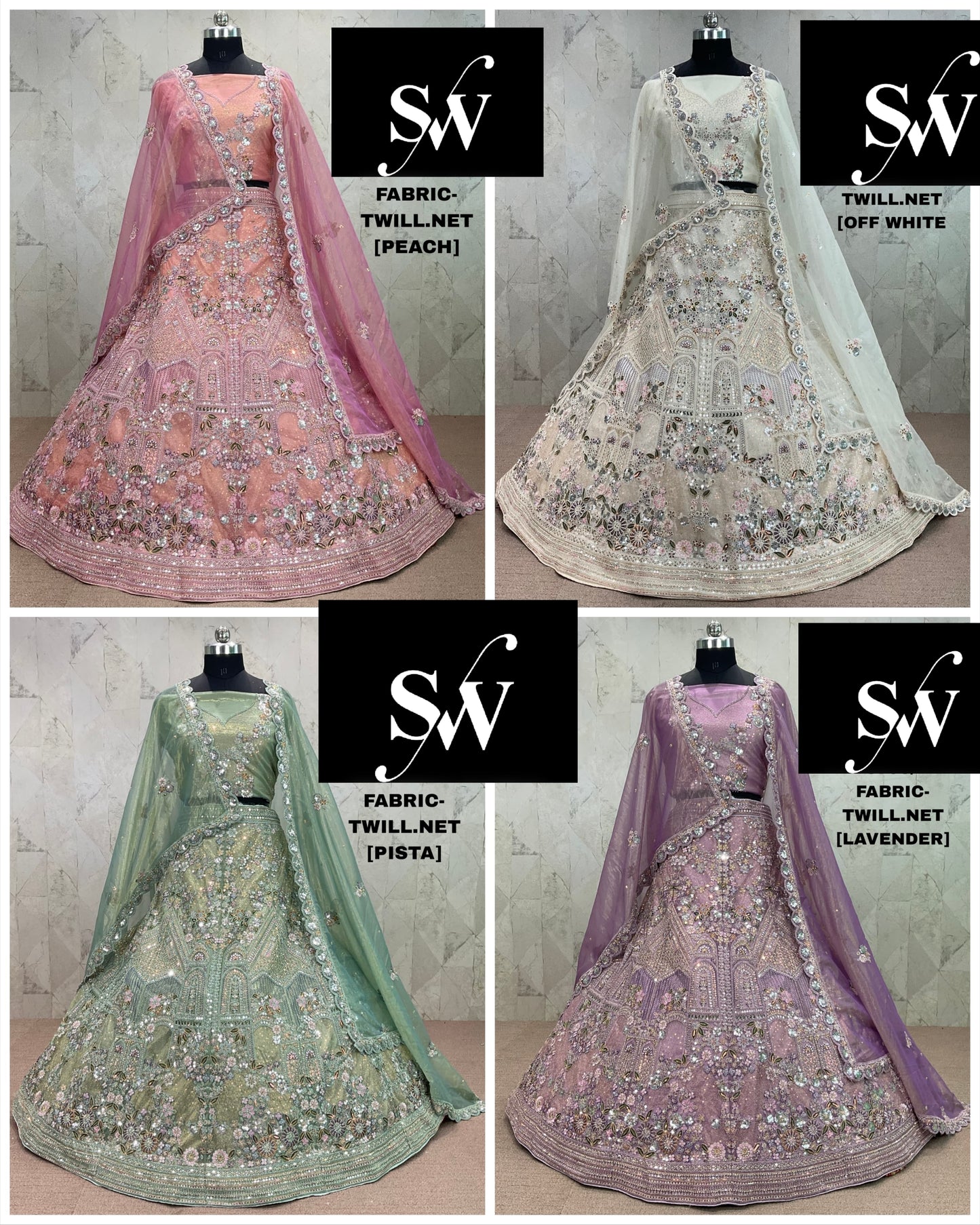 Something different peach pista green lavender Off white Lehenga