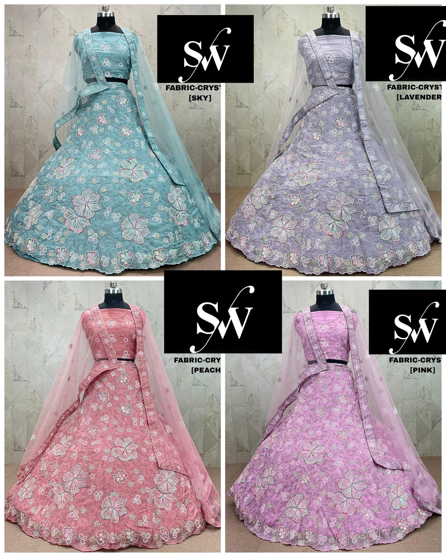 Pretty peach sky blue pink Lavender Lehenga