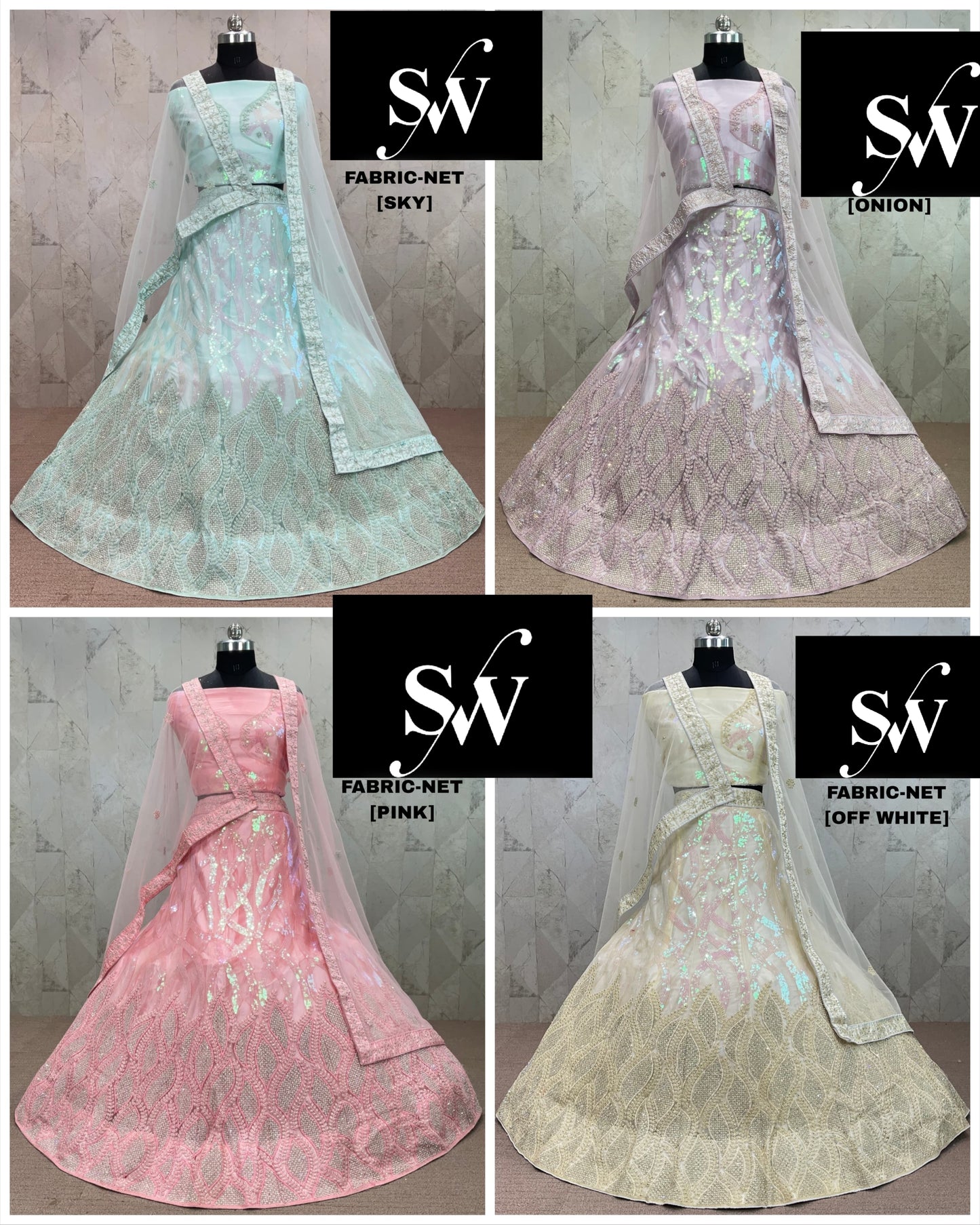 Increíble Lehenga color cebolla, azul cielo, rosa y blanco roto