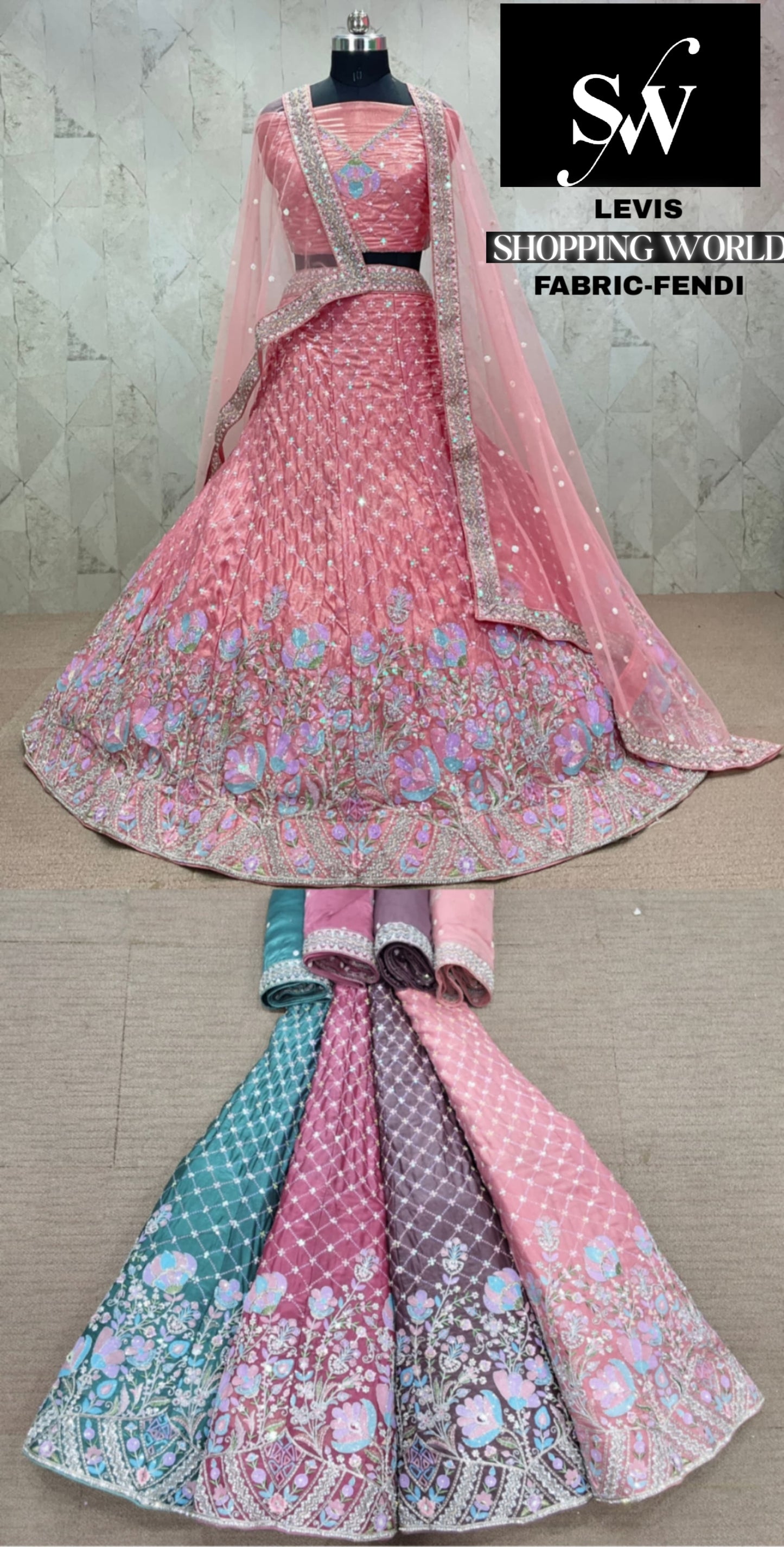 Encantadora lehenga rosa melocotón de Fendi