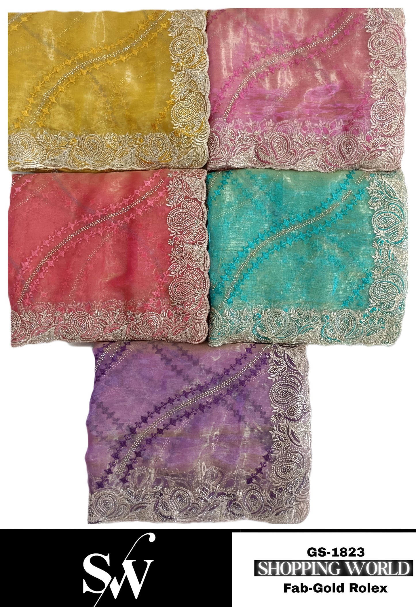 Awesome Gold rolex fabric Ivory pink green purple Yellow Saree