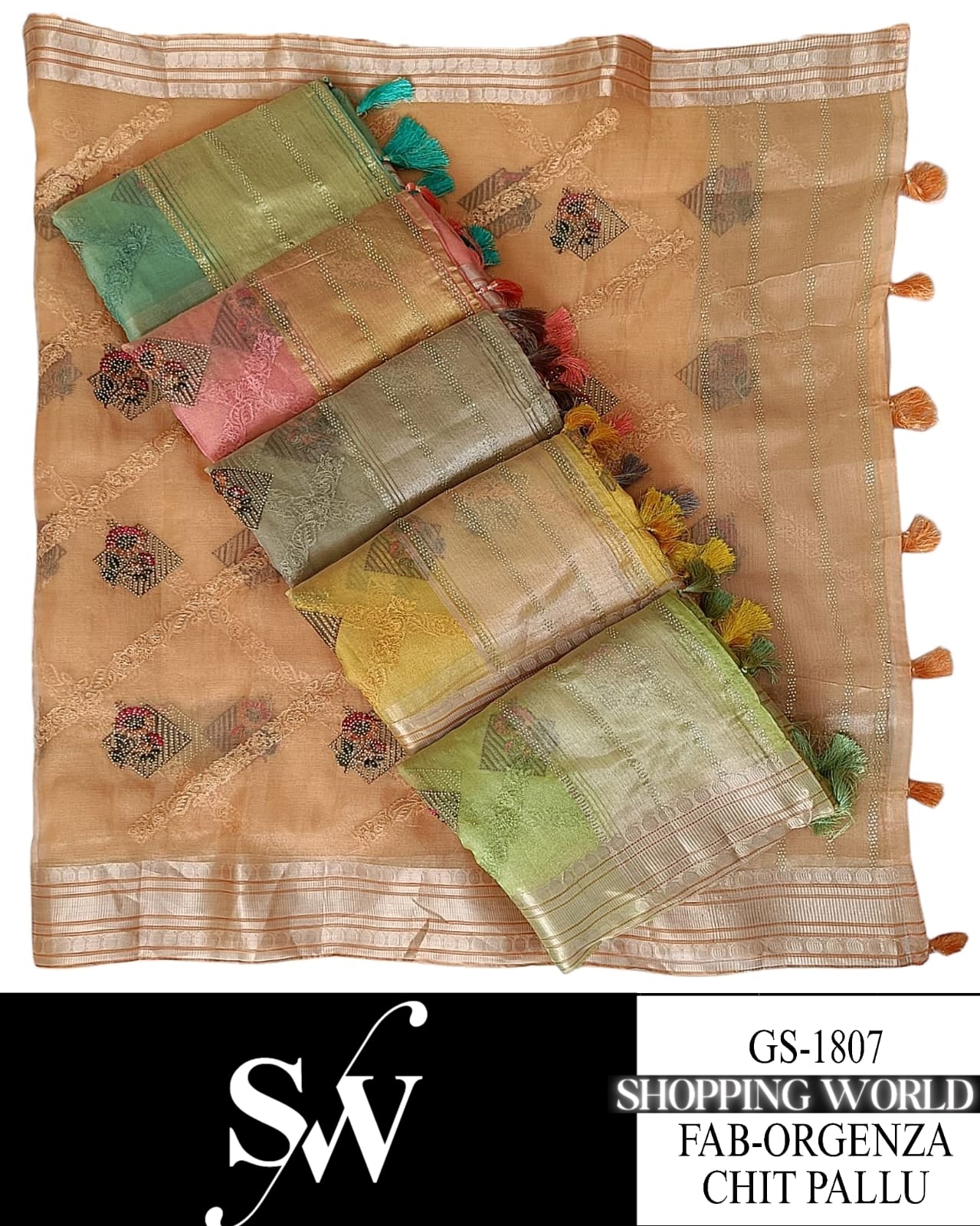 Charming Organza Fabric Ivory peach pink yellow Saree