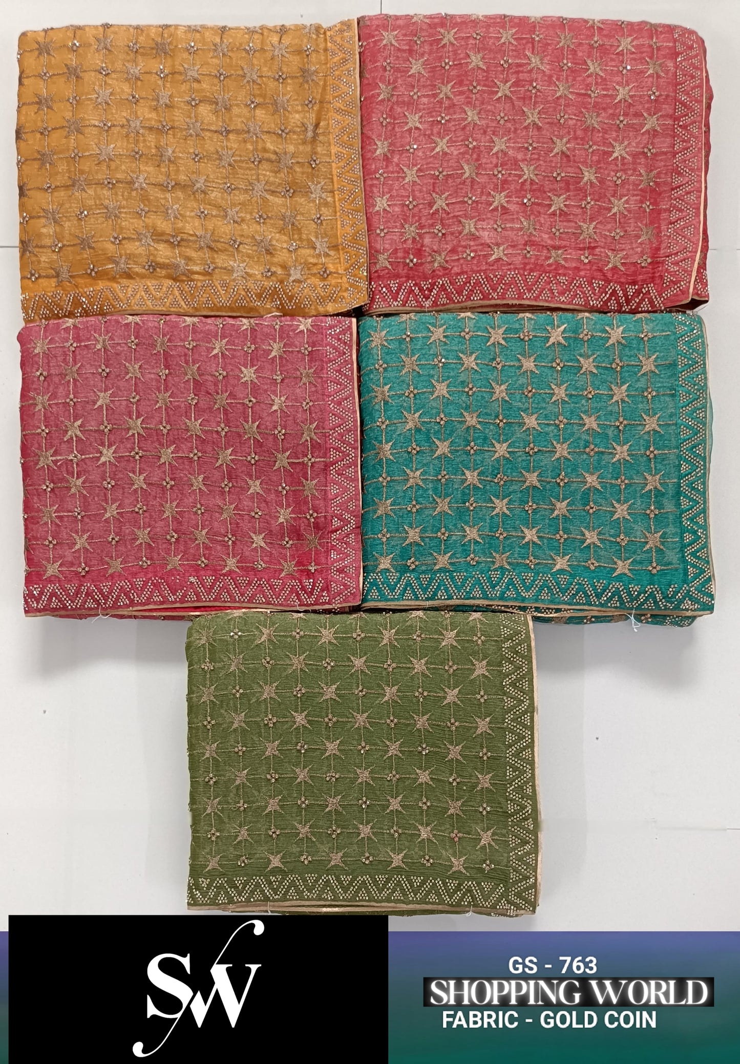 Attractive Gold Coin green blue pink yellow Saree