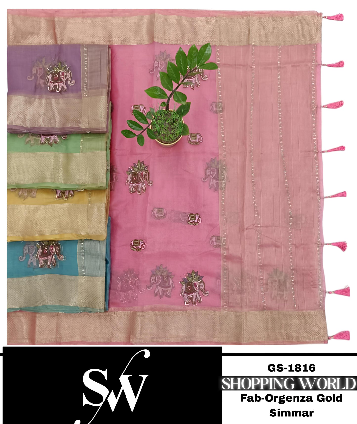 Designer organza gold simmar  pink blue green yellow Saree
