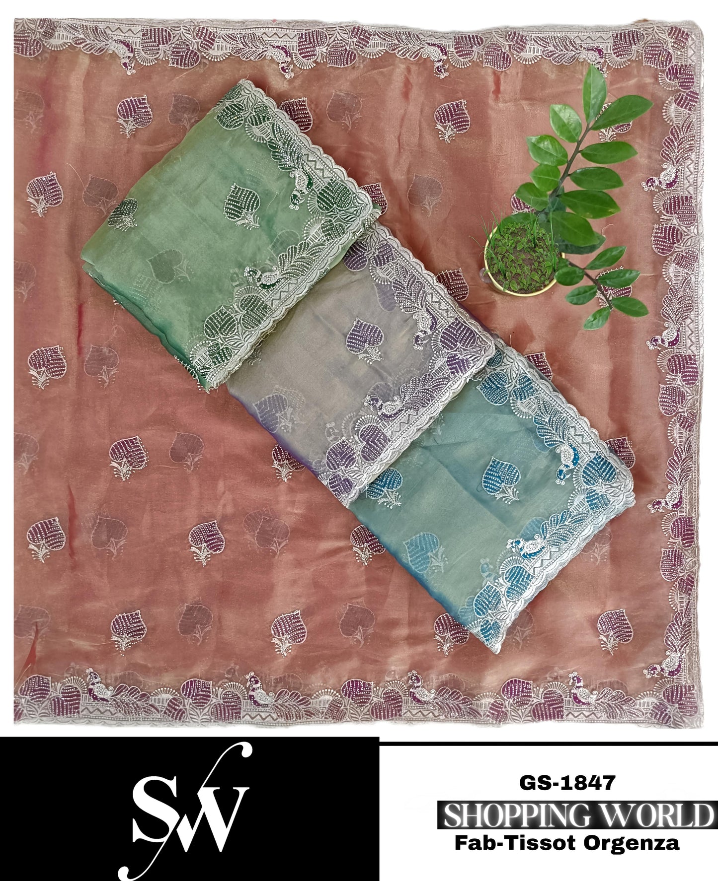 Embellished Tissot organza pink green blue Lavender Saree