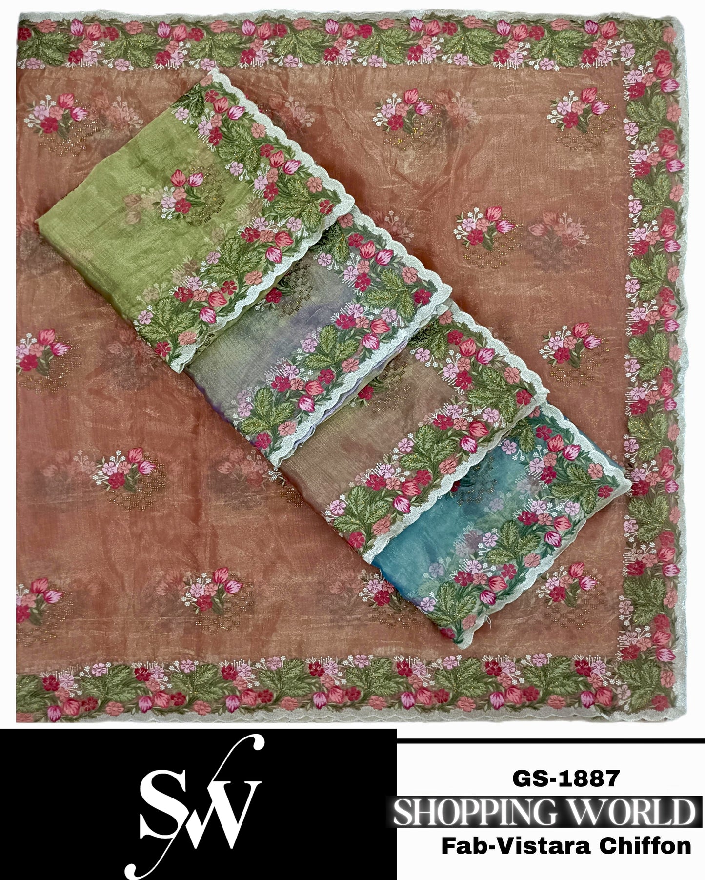 Delightful peach lilac green blue Fabric Fab Rolex