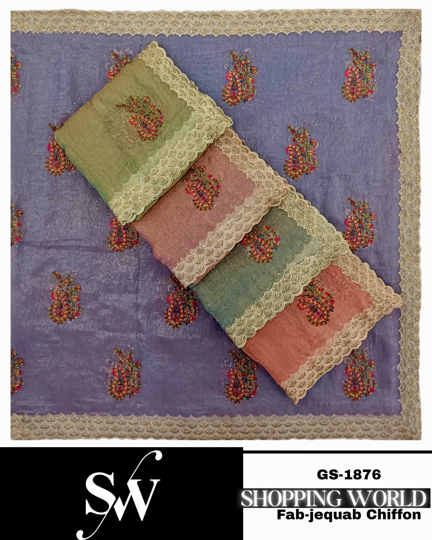 Gorgeous purple peach green pink Fabric jequab Chiffon