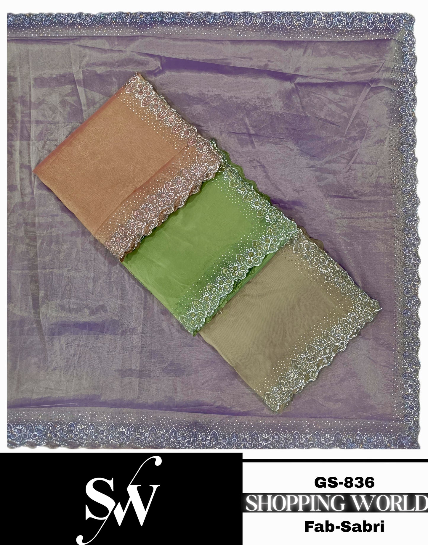 Engaging lilac green peach yellow Fabric Sabri