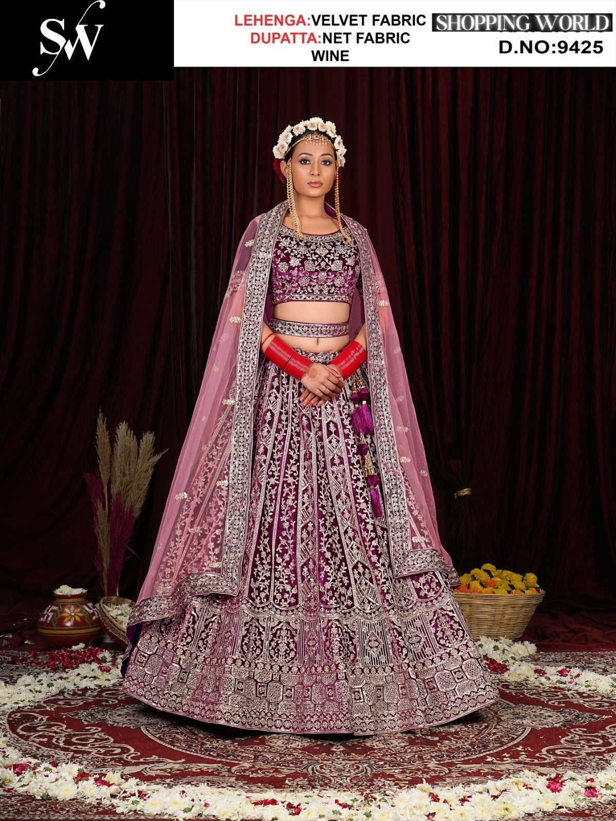 Attractive wine Velvet Lehenga