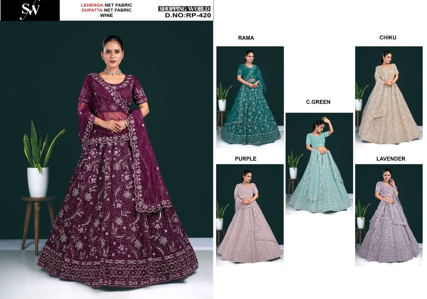 Pretty wine Lavender Sea green Purple Rama green Chiku Net Lehenga