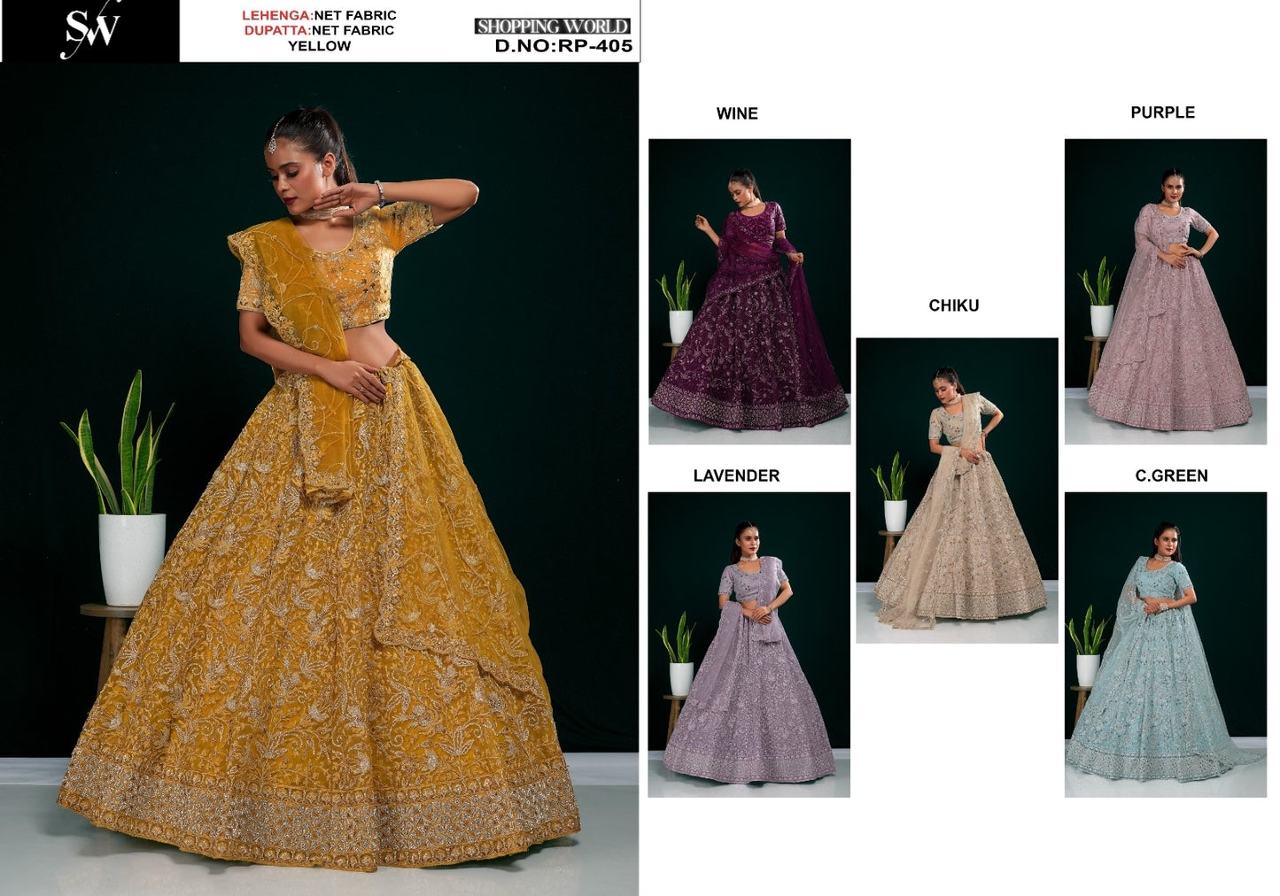 Lavishing yellow wine chiku Lavender Sea green Purple Net Lehenga