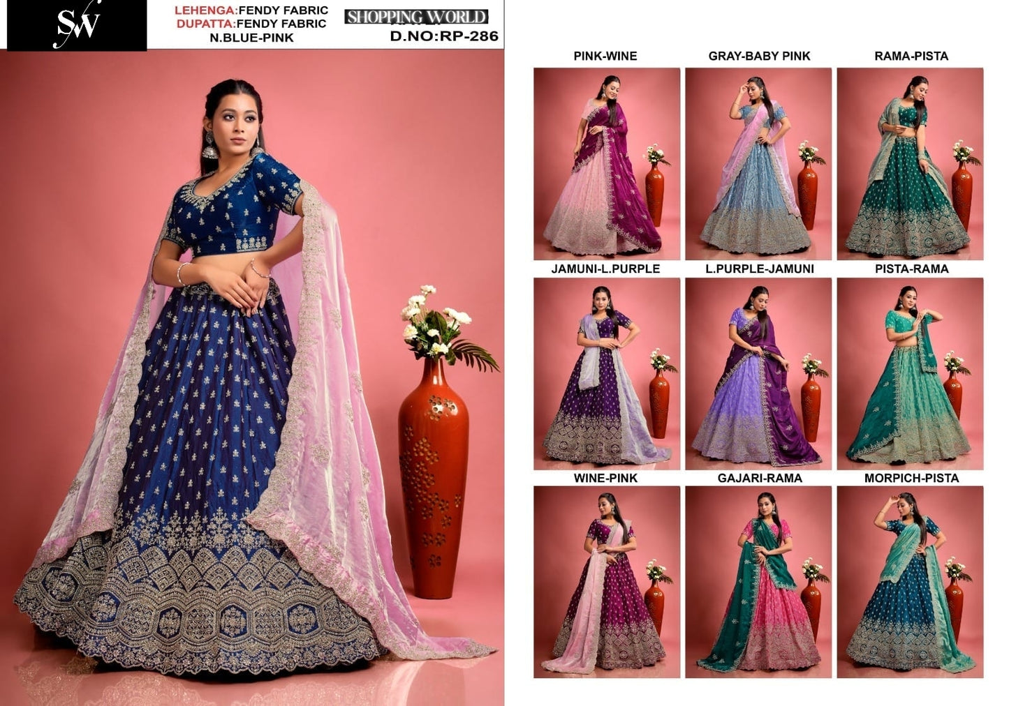 Eye catching Navy blue pink Grey Rama green Jamuni purple pista green Wine Gajri Morpich Lehenga