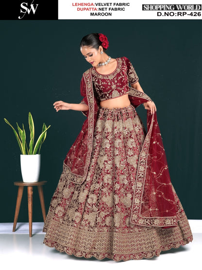 Good looking maroon Wine Rama green Pyazi Pista green Chiku velvet Lehenga
