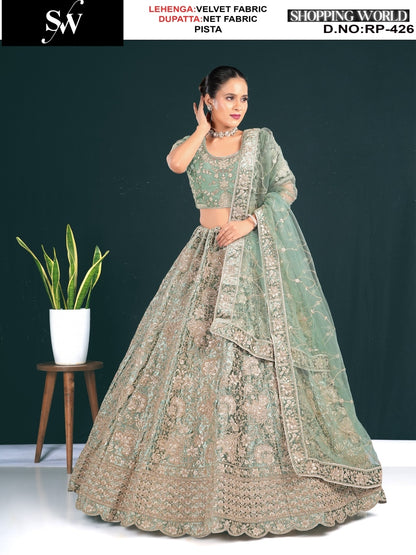 Good looking maroon Wine Rama green Pyazi Pista green Chiku velvet Lehenga