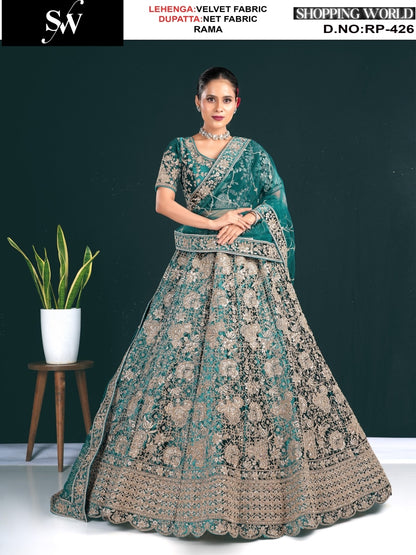 Good looking maroon Wine Rama green Pyazi Pista green Chiku velvet Lehenga