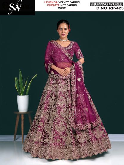 Delightful wine maroon Rama green Pista green Chiku Pyazi Velvet Lehenga