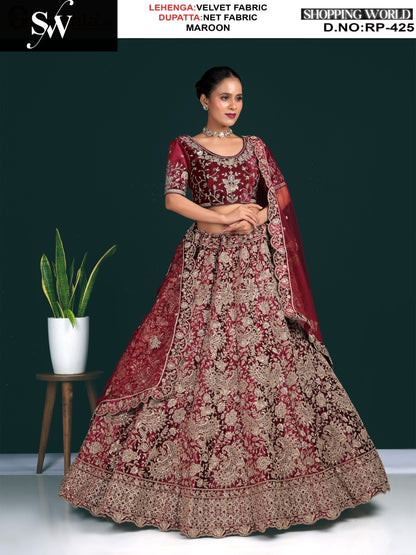 Delightful wine maroon Rama green Pista green Chiku Pyazi Velvet Lehenga