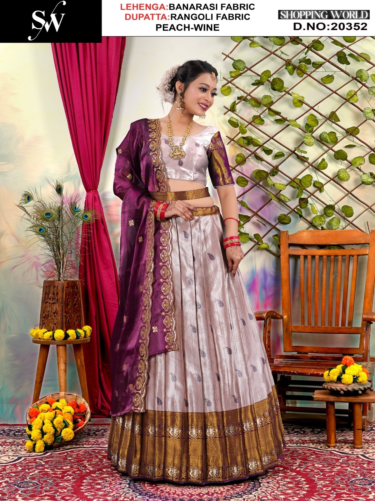 Beautiful Peach wine Banarasi Lehenga