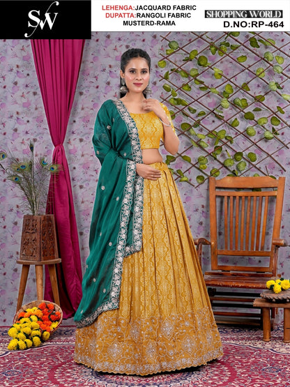 Elegant Mustard rama green Net Lehenga