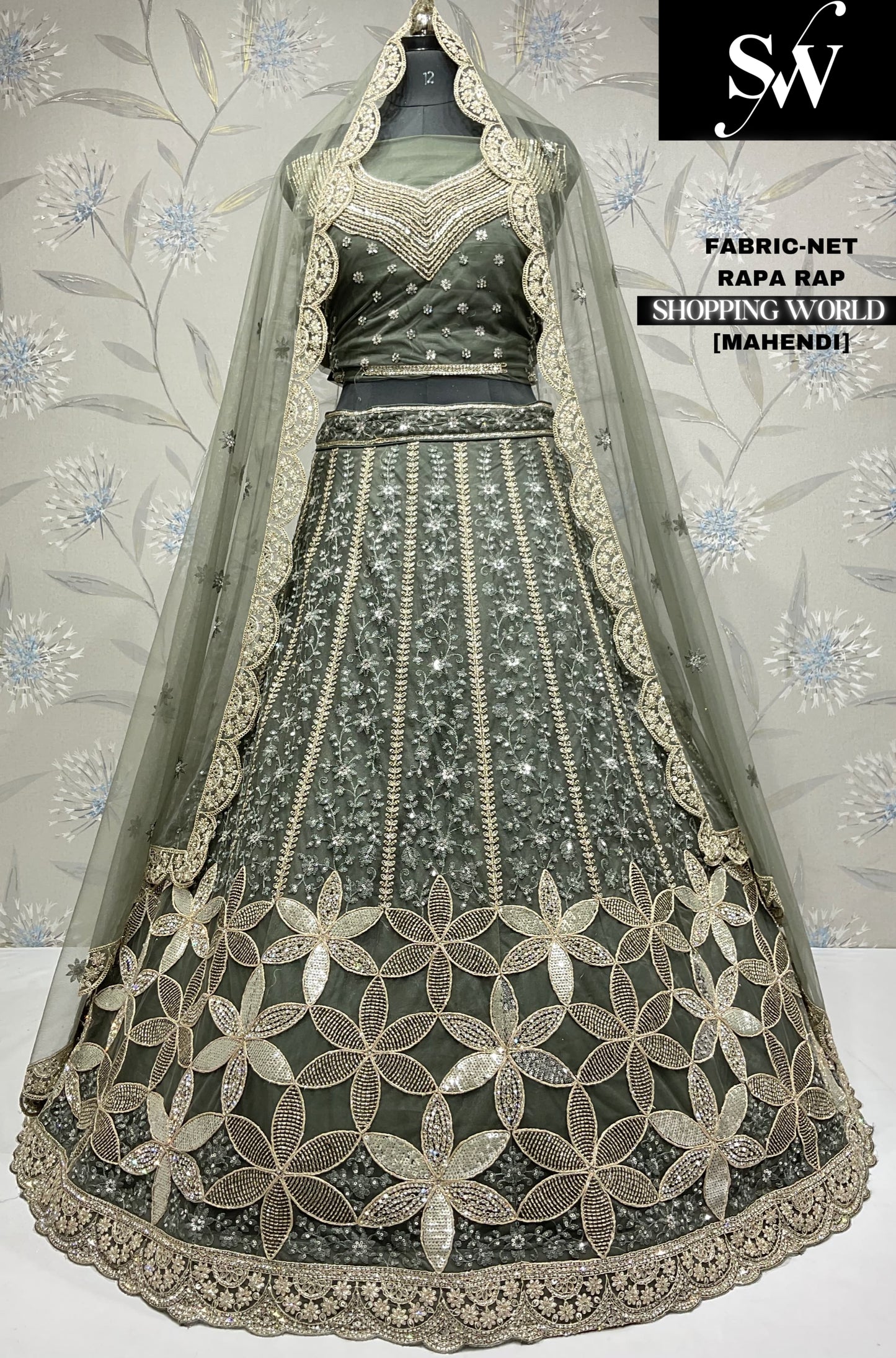 Majestic mehendi green net Lehenga