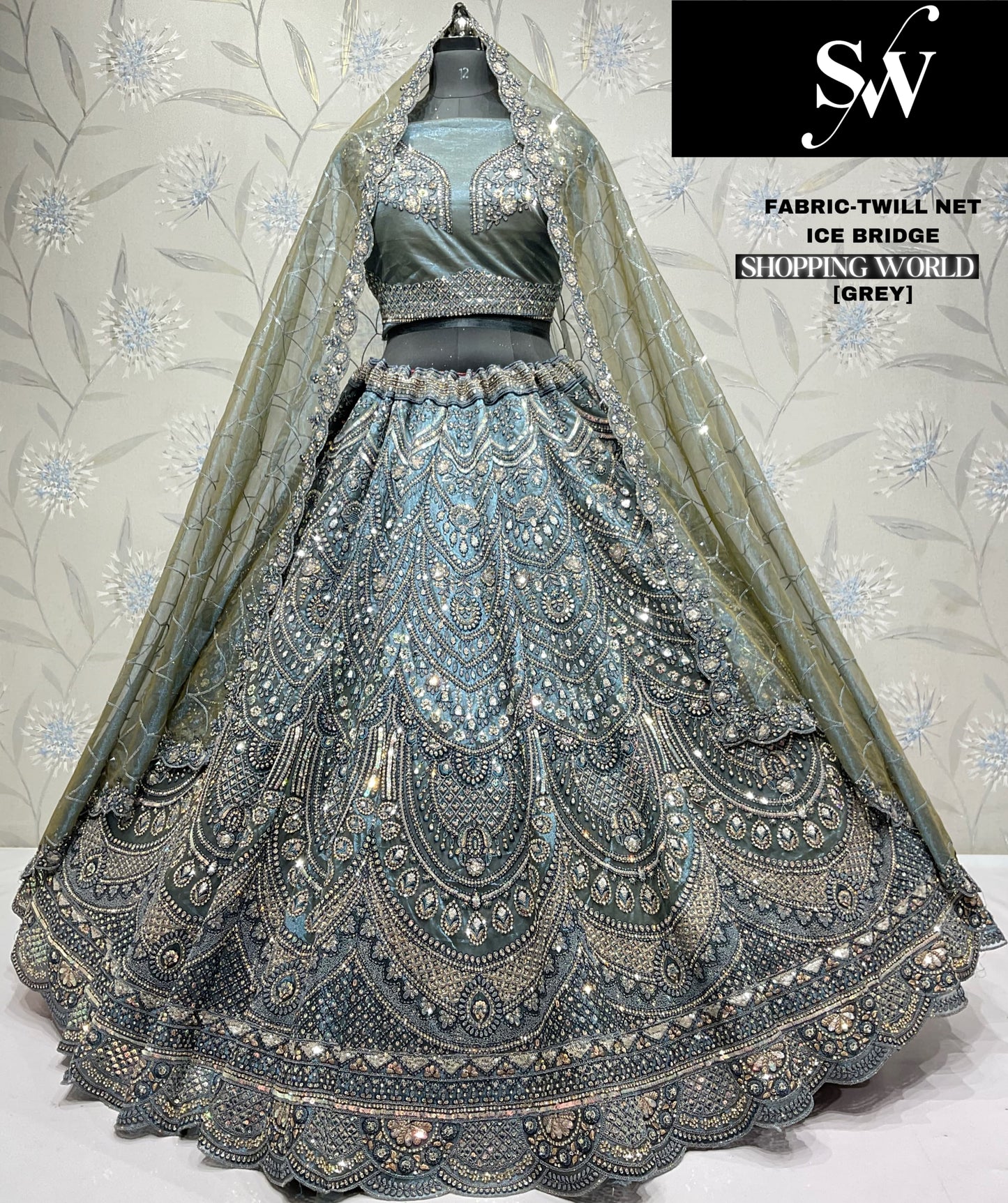 Majestic grey Lehenga Twill Net
