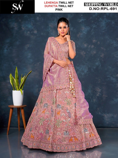 Embellished Rust pink Peacock Twill Net Lehenga