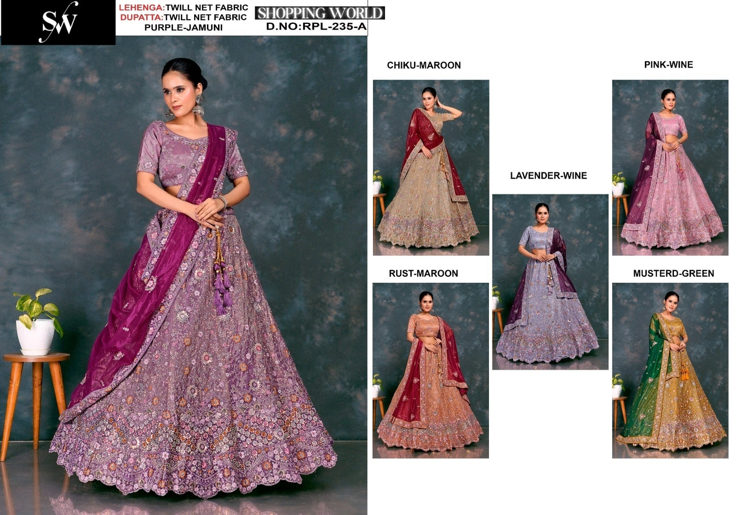 Fantastic Purple Rust Chiku lavender pink Mustard Twill Net Fabric Lehenga