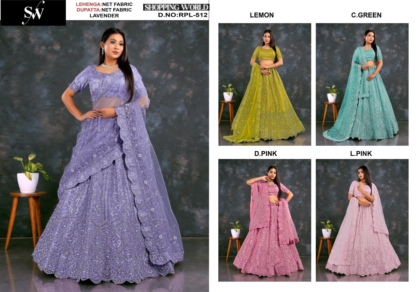 Astonishing Lavender Lemon Sea green Dark pink Light pink Twill Net Fabric Lehenga