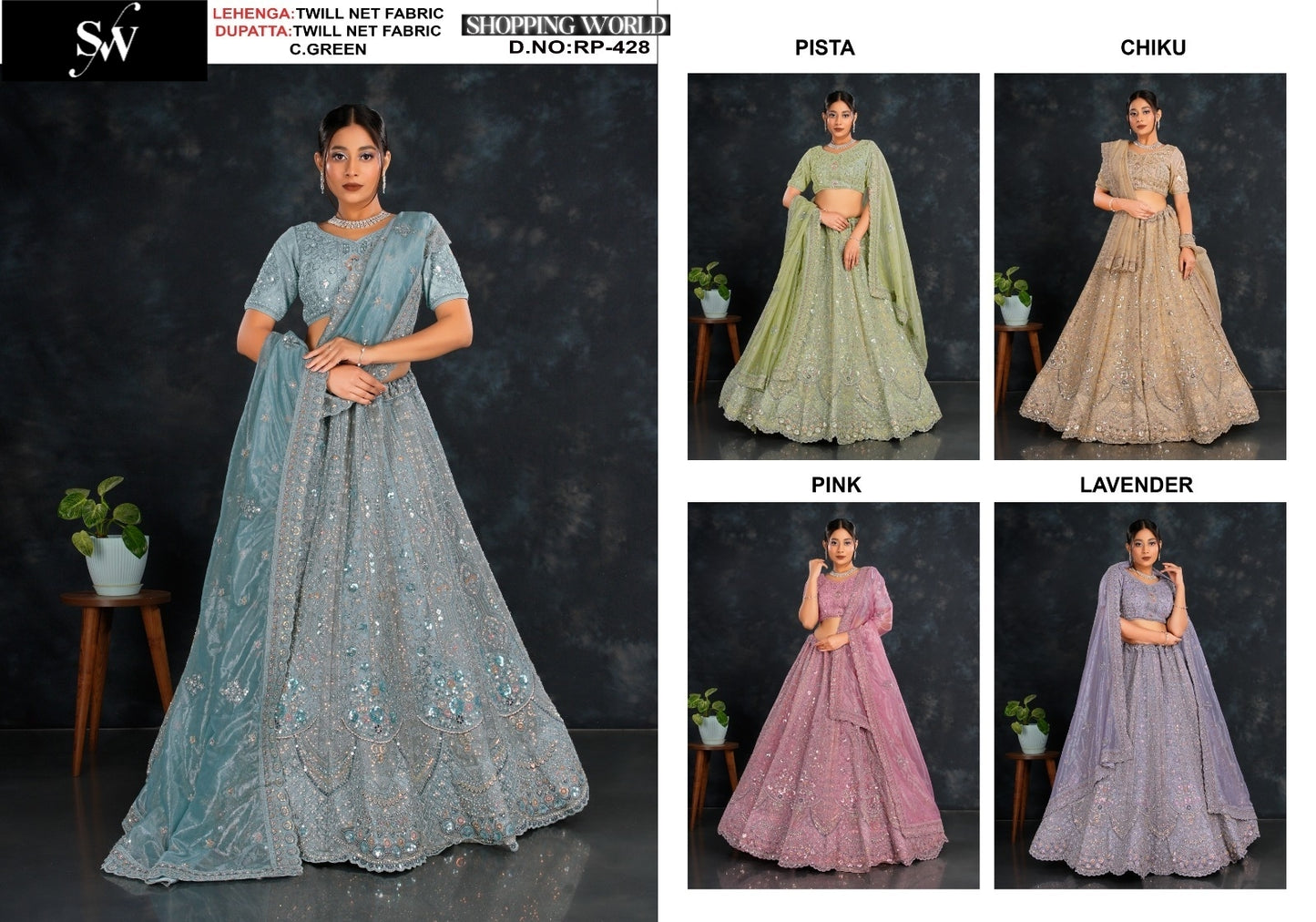 Pretty Sea green Pista green Chiku Pink Lavender Twill Net Fabric Lehenga