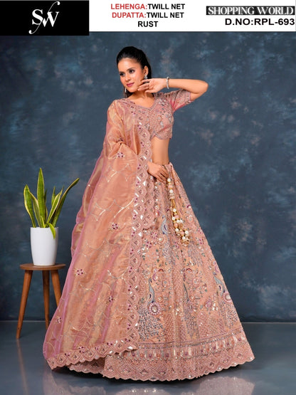 Attractive Rust peach peacock Twill Net Lehenga