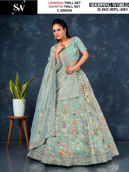 Embellished Rust pink Peacock Twill Net Lehenga