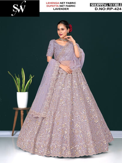 Designer Mosh Lavender lilac Net Lehenga
