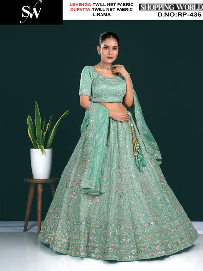 Lehenga de diseñador en twill de red color azul Firozi claro.