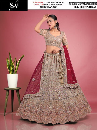 Blockbuster Chiku maroon Twill Net Fabric Lehenga