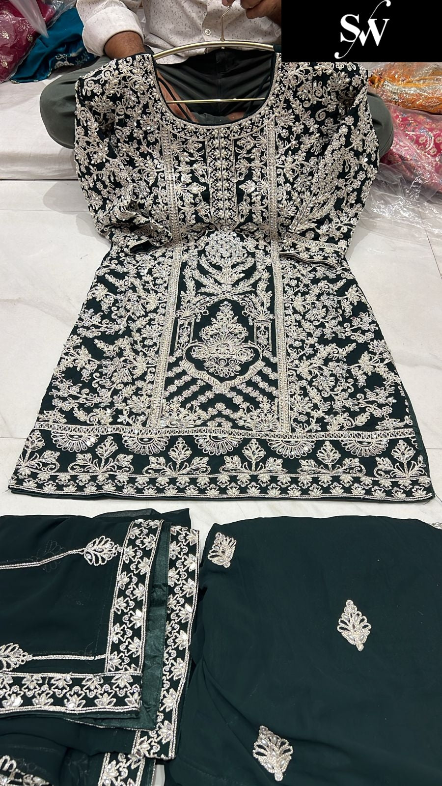 Charming dark green Shrug dress stitched suit ready to wear