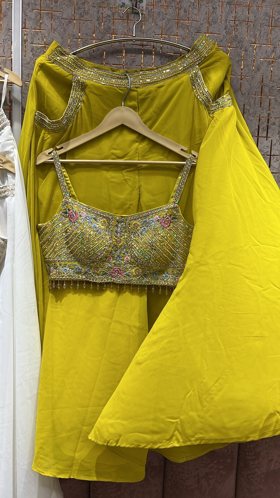 Pretty yellow purple green blue crop top lehenga