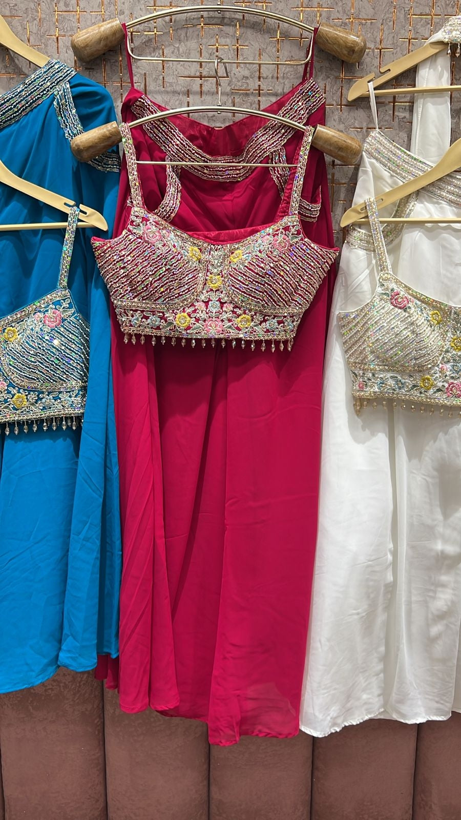 Designer red unstitched crop top lehenga