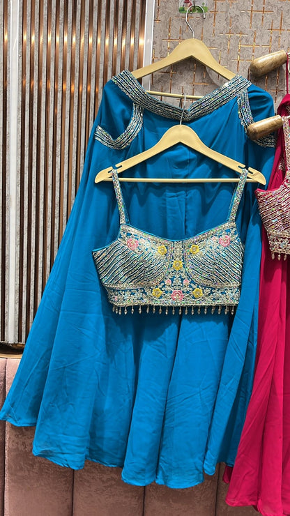 Good looking pink white yellow blue crop top lehenga