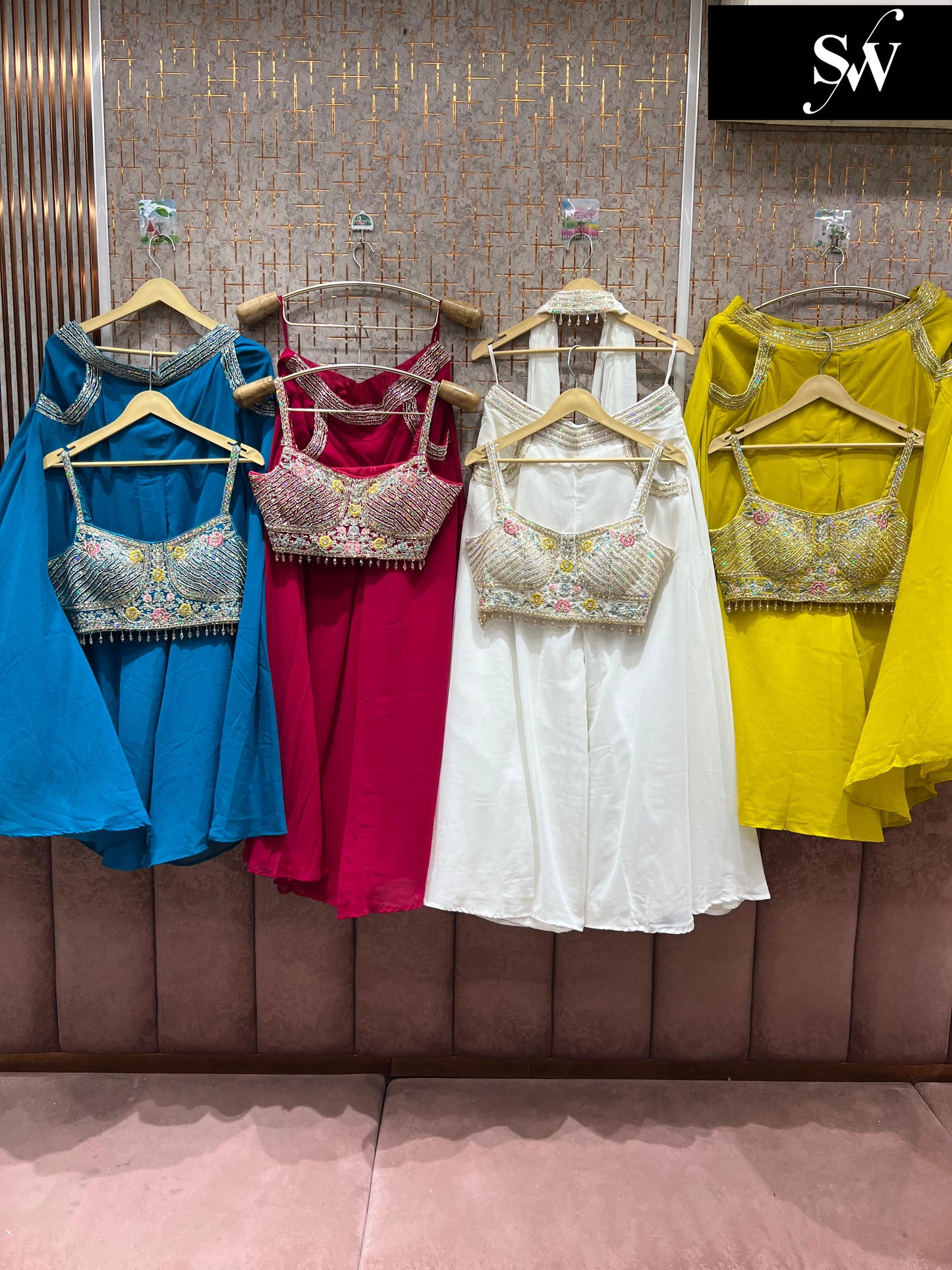 Good looking pink white yellow blue crop top lehenga