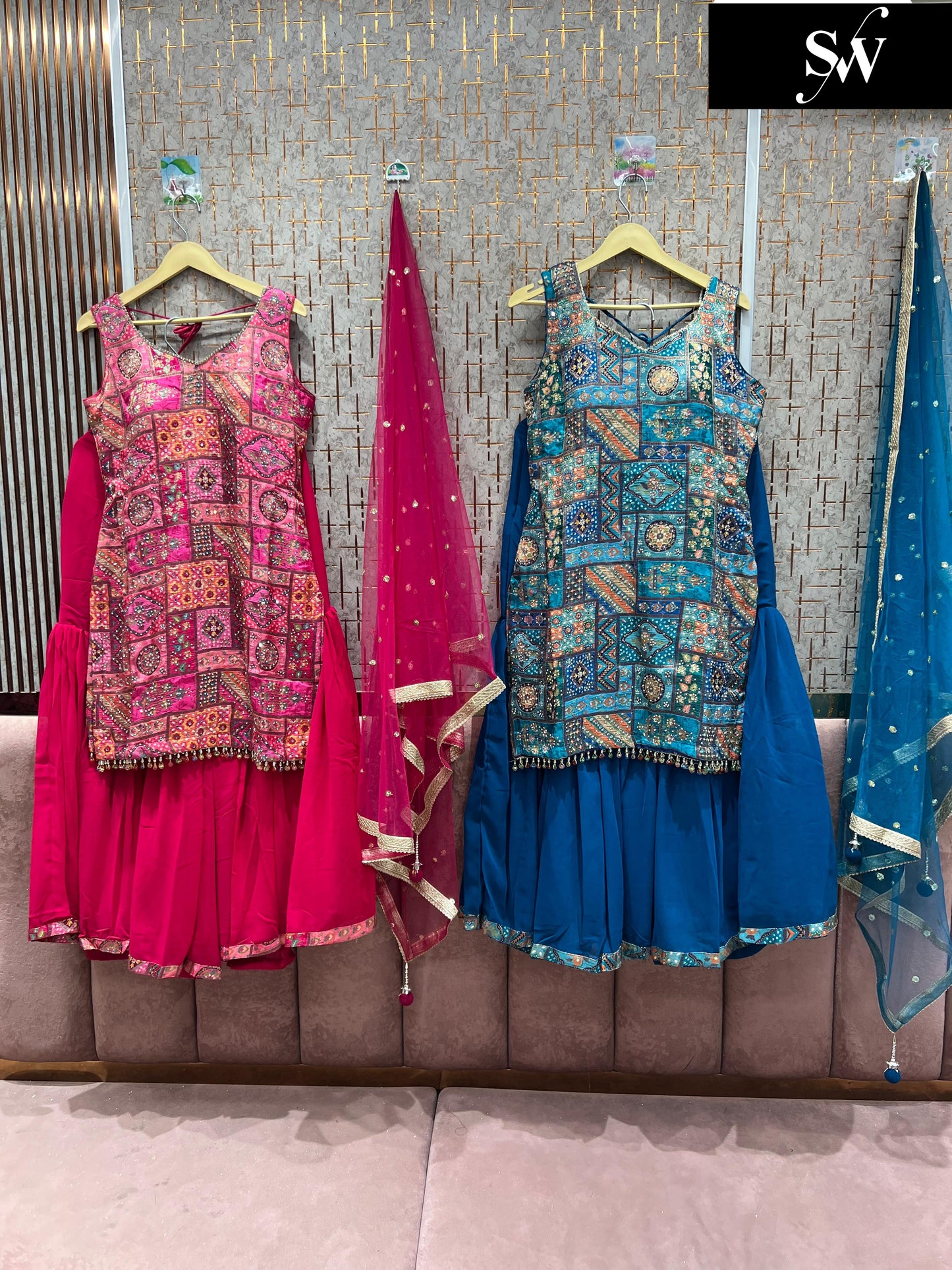 Khoobsurat Sky blue pink Shrug dress