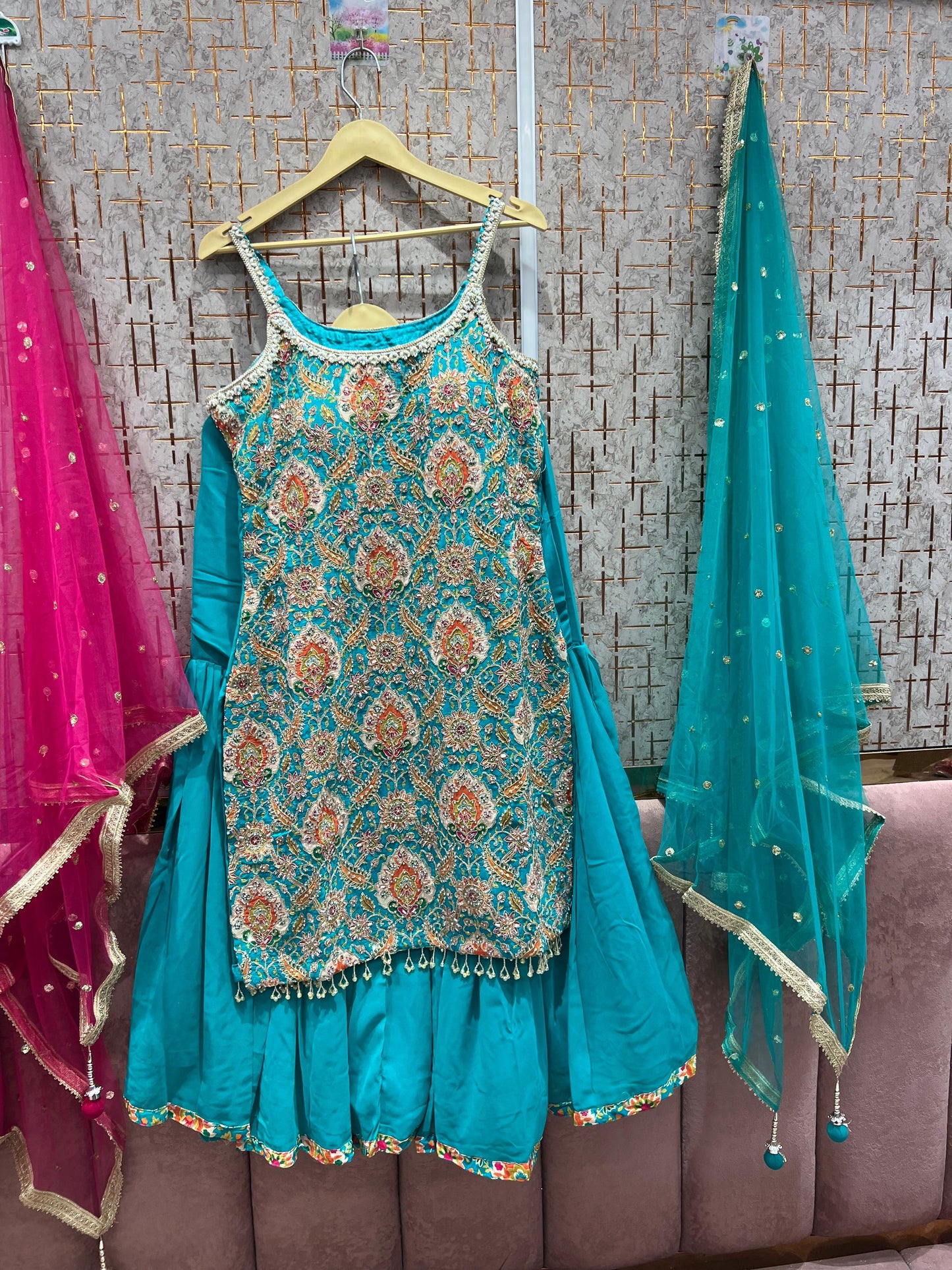 Good looking pink green Blue Shrug dress