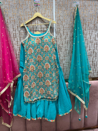 Good looking pink green Blue Shrug dress